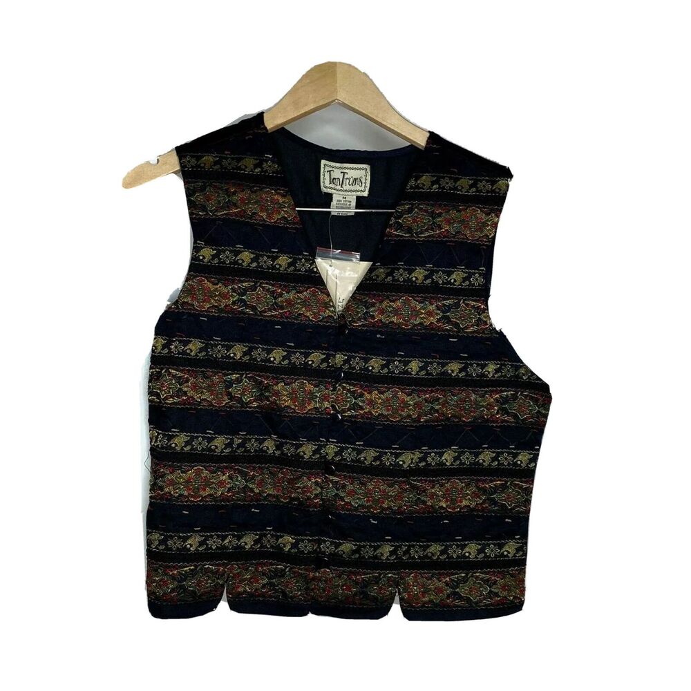 TanTrums Vest Womens Medium Black Gold V Neck Button Up Vest Striped New